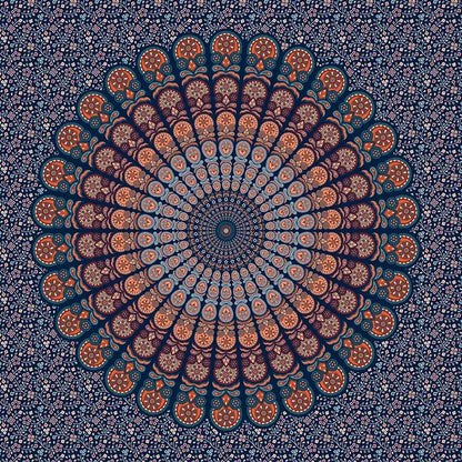 Intricate bohemia room fabric poster in beige with orange teal and navy paisley mandala decorbites bedroom decor