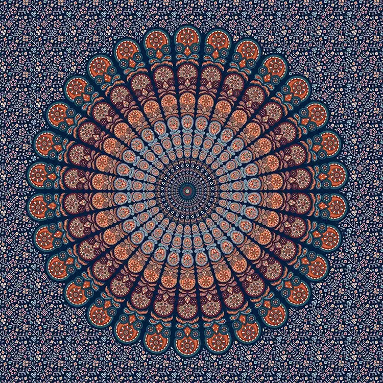 Intricate bohemia room fabric poster in beige with orange teal and navy paisley mandala decorbites bedroom decor