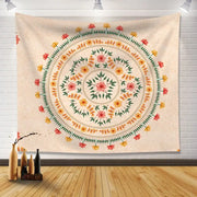 Beige floral mandala tapestry with pink yellow and orange concentric flowers and green leaves for bohemia room fabric poster decorbites bohemia room