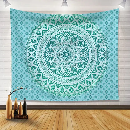 Teal and white mandala tapestry with intricate symmetrical patterns hanging on brick wall bohemia room fabric poster decorbites bohemia room