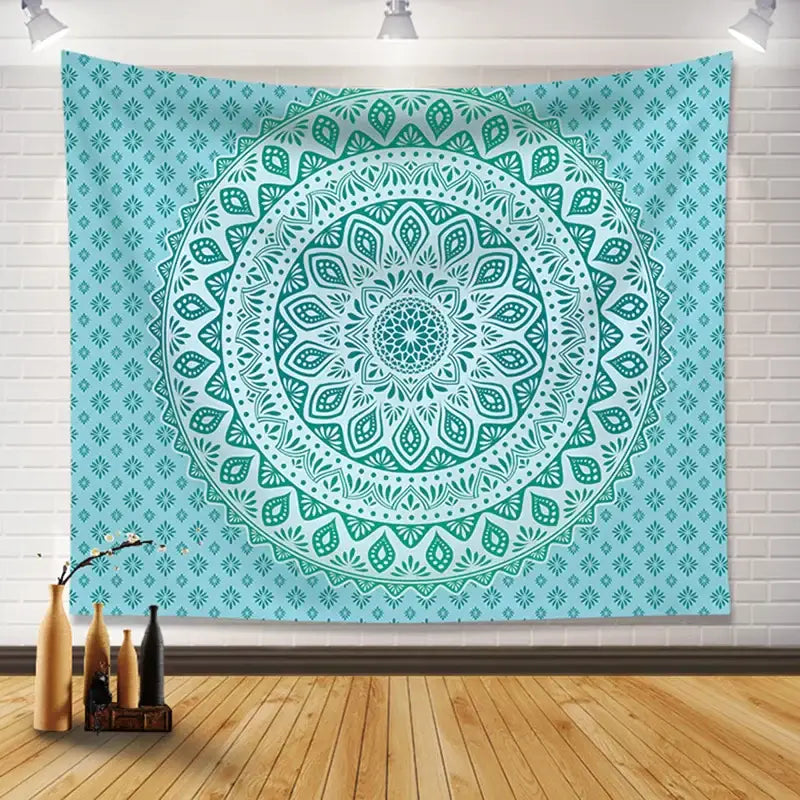 Teal and white mandala tapestry with intricate symmetrical patterns hanging on brick wall bohemia room fabric poster decorbites bohemia room