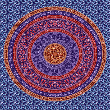 Vibrant circular bohemia room fabric poster with intricate floral mandala patterns in deep purples reds and blues for decorbites bohemia room decor