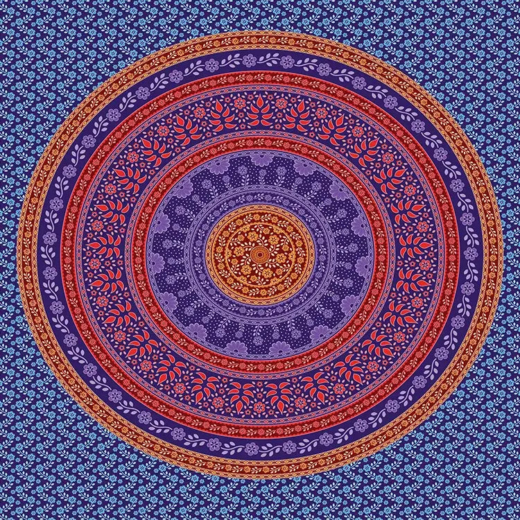 Vibrant circular bohemia room fabric poster with intricate floral mandala patterns in deep purples reds and blues for decorbites bohemia room decor