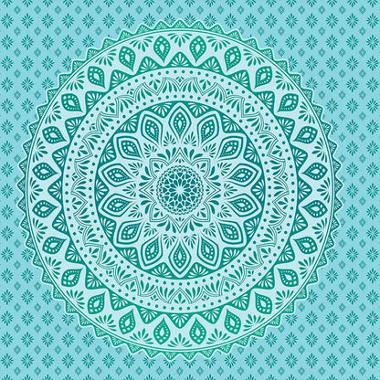 A teal floral mandala with intricate symmetrical patterns on a bohemia room fabric poster for bedroom decorbites bohemia room