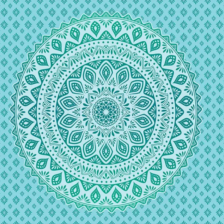 A teal floral mandala with intricate symmetrical patterns on a bohemia room fabric poster for bedroom decorbites bohemia room