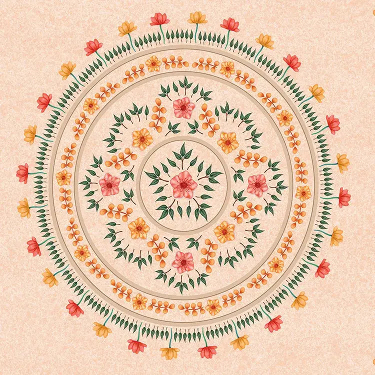 Bohemia room fabric poster featuring a beige floral mandala with pink yellow blossoms and green leaves for decorbites bohemia room decor