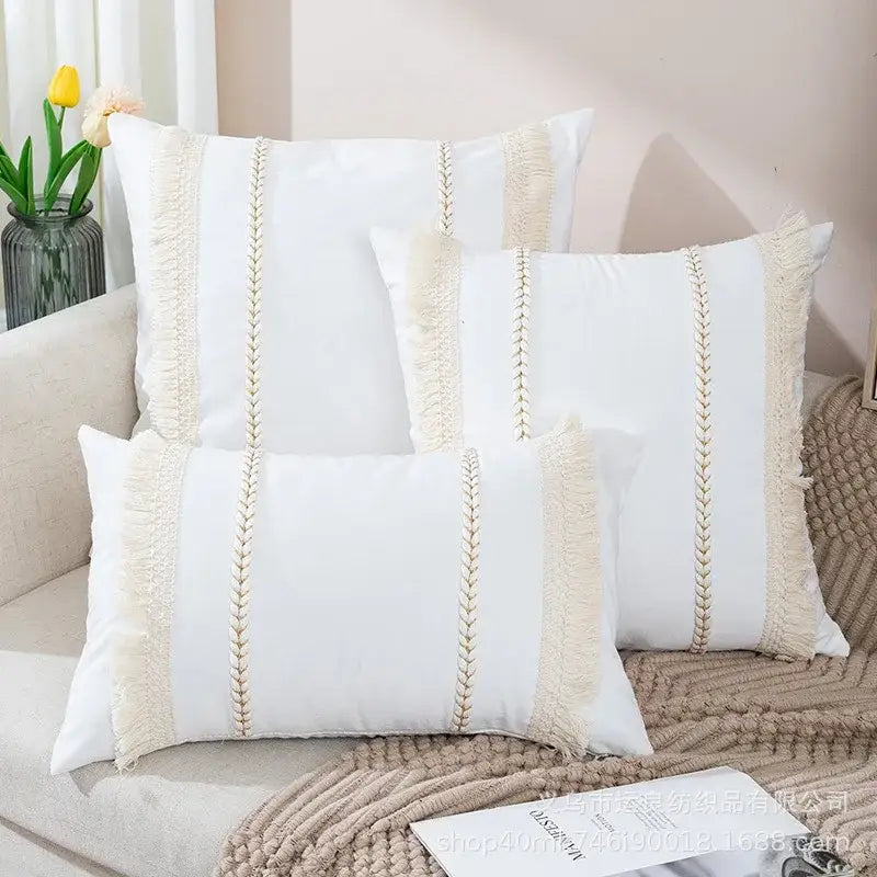 White rectangular velvet cushion cover with cream fringe and embroidered stripes decorbites bohemia tassel pillow