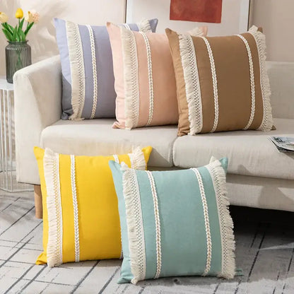 Pastel-colored square cushion cover with vertical stripes white fringe detailing for decorbites bohemia tassel living room pillow