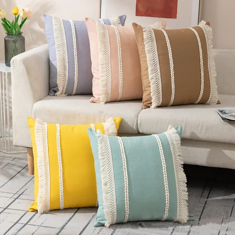 Pastel-colored square cushion cover with vertical stripes white fringe detailing for decorbites bohemia tassel living room pillow