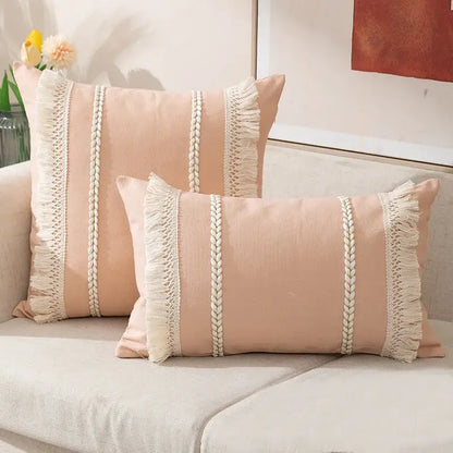 Soft blush pink rectangular throw pillows with cream braided fringed trim for decorbites bohemia tassel cushion cover