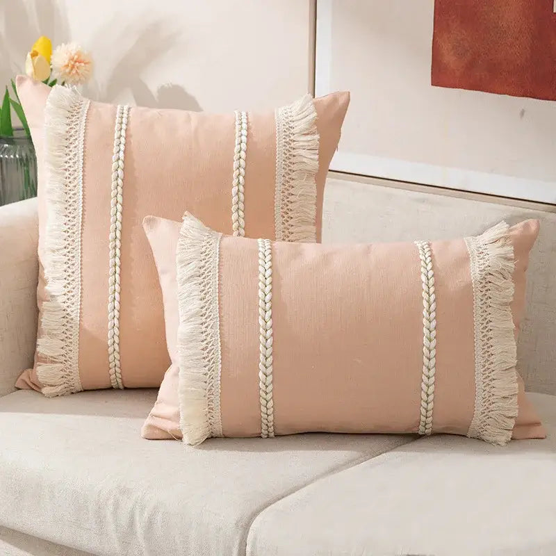 Soft blush pink rectangular throw pillows with cream braided fringed trim for decorbites bohemia tassel cushion cover