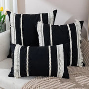 Black velvet Bohemia tassel cushion cover with white braided and fringed stripes for living room decorbites pillow