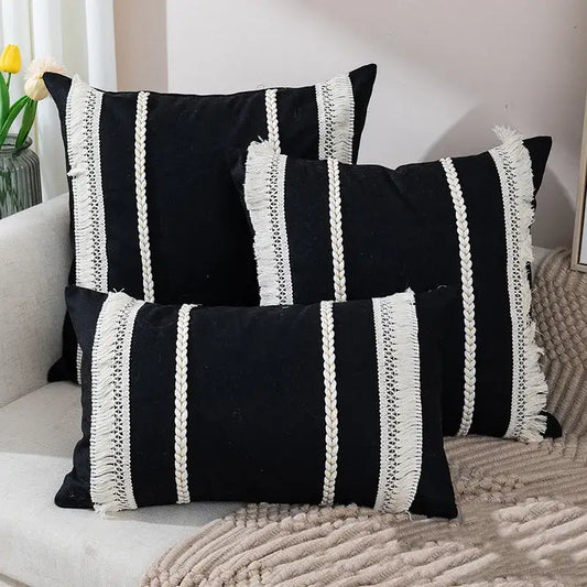 Black velvet Bohemia tassel cushion cover with white braided and fringed stripes for living room decorbites pillow