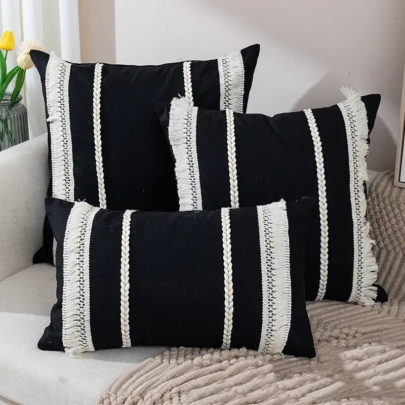 Black velvet Bohemia tassel cushion cover with white braided and fringed stripes for living room decorbites pillow