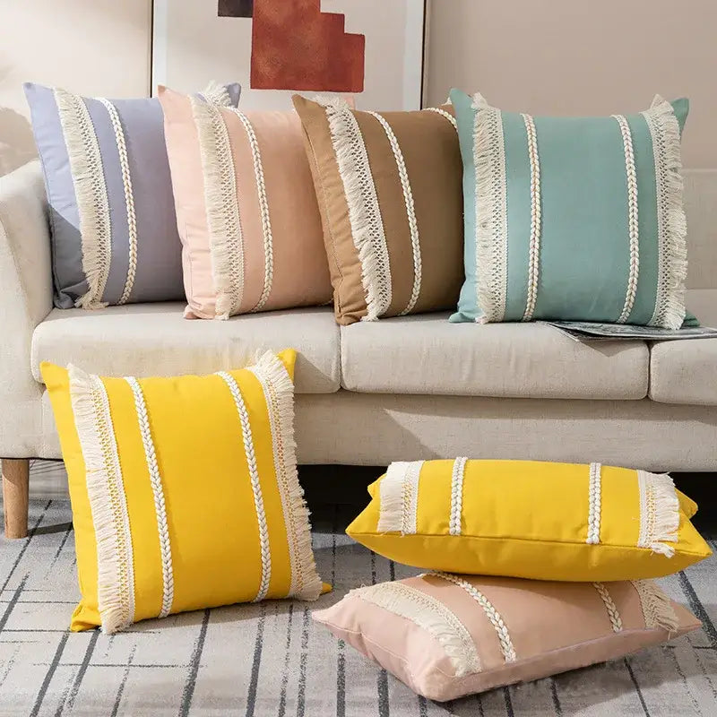 Pastel and mustard yellow throw pillows with cream fringe detail complement decorbites bohemia tassel cushion cover