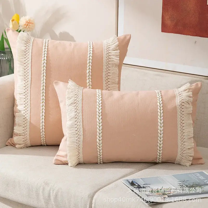 Soft blush pink bohemia tassel cushion cover with cream braided fringed trim for velvet living room decorbites pillow
