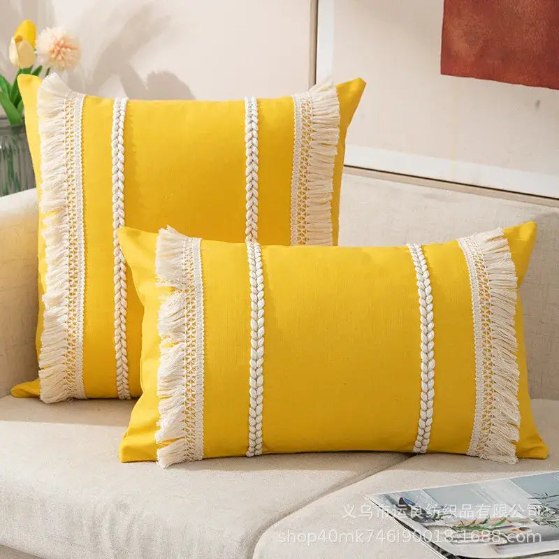 Bright yellow rectangular cushion cover with white braided and fringed trim for decorbites bohemia tassel cushion