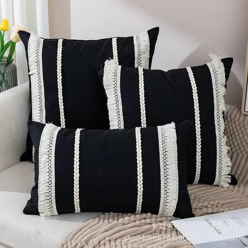 Black velvet bohemia tassel cushion cover with white braided and fringed stripes for living room decorbites pillow