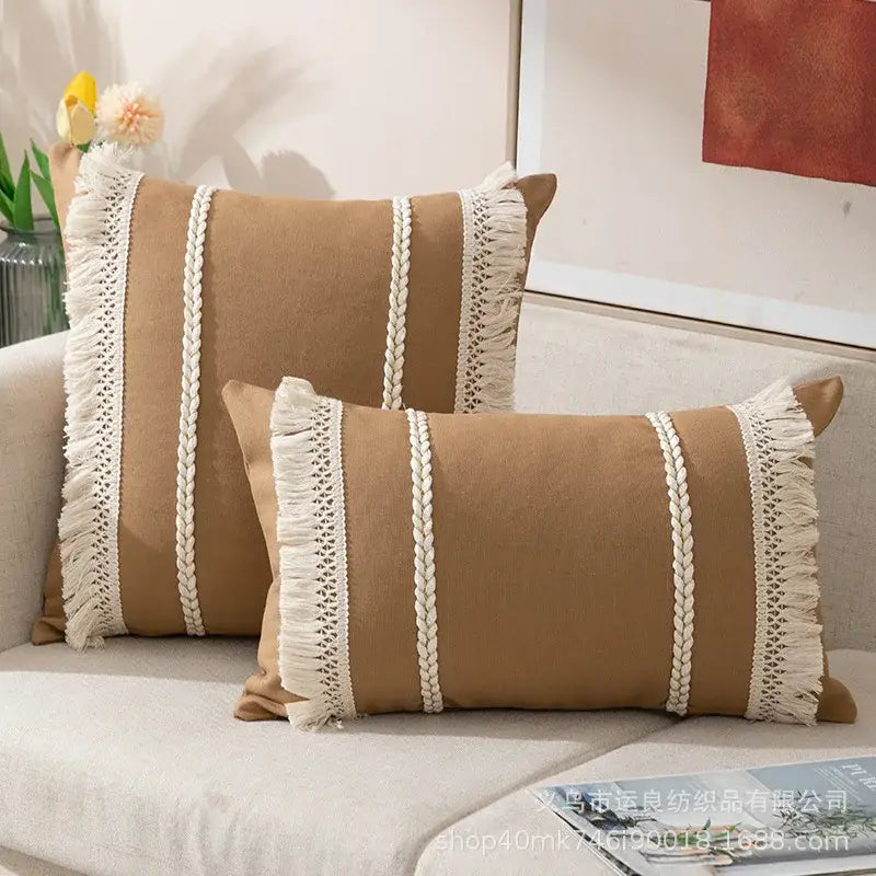 Tan rectangular throw pillows with cream braided and fringed trim in decorbites bohemia tassel cushion cover design