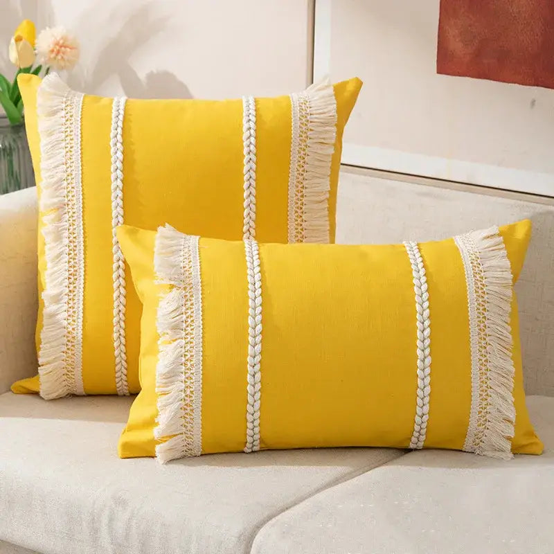 Bright yellow rectangular throw pillows with white braided fringed trim for decorbites bohemia tassel cushion cover use