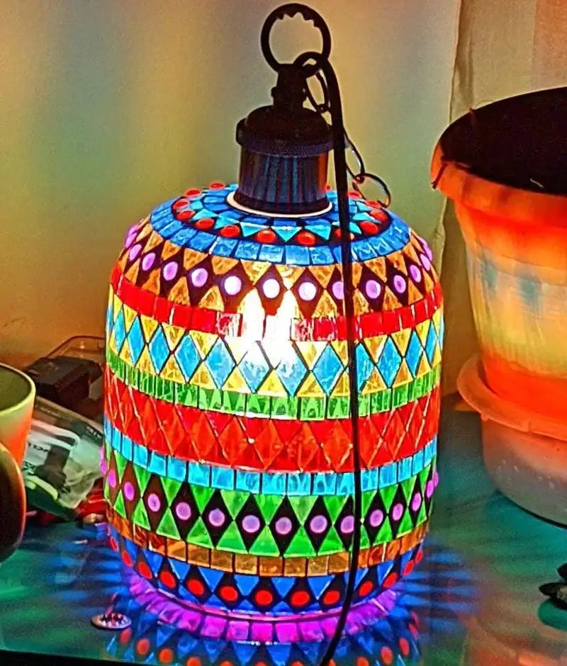 Bohemia turkish mosaic hanging sconce with vibrant colorful glass tiles and black metal fixture for vintage bedroom lighting