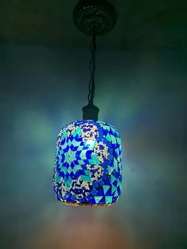 Blue bohemia turkish mosaic pendant light with intricate geometric patterns and dark metal ceiling fixture for bedroom use
