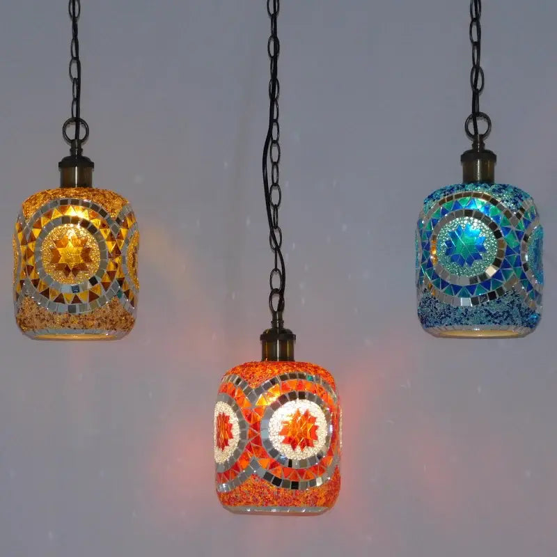 Three bohemia turkish mosaic hanging sconce lights with colorful geometric glass patterns for bedroom vintage led lighting