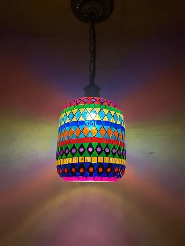 Vibrant bohemia turkish mosaic cylindrical pendant light with bold pink green blue and yellow geometric patterns for bedroom use