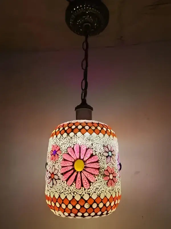 A vibrant pink and orange floral bohemia turkish mosaic cylindrical pendant light for vintage bedroom decor