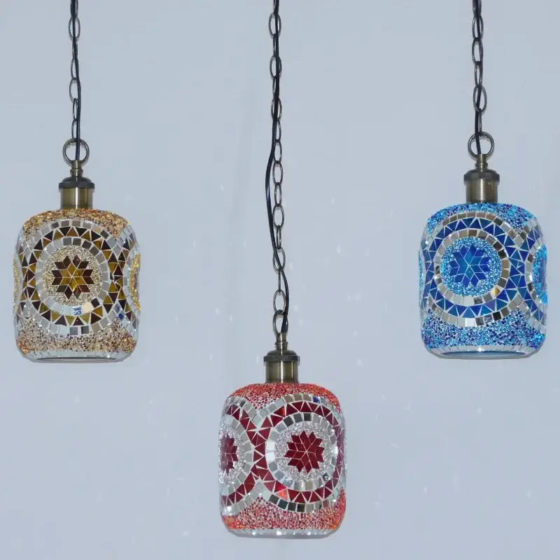 Three bohemia turkish mosaic pendant lights with unique colors and geometric glass tile patterns for vintage bedroom lighting