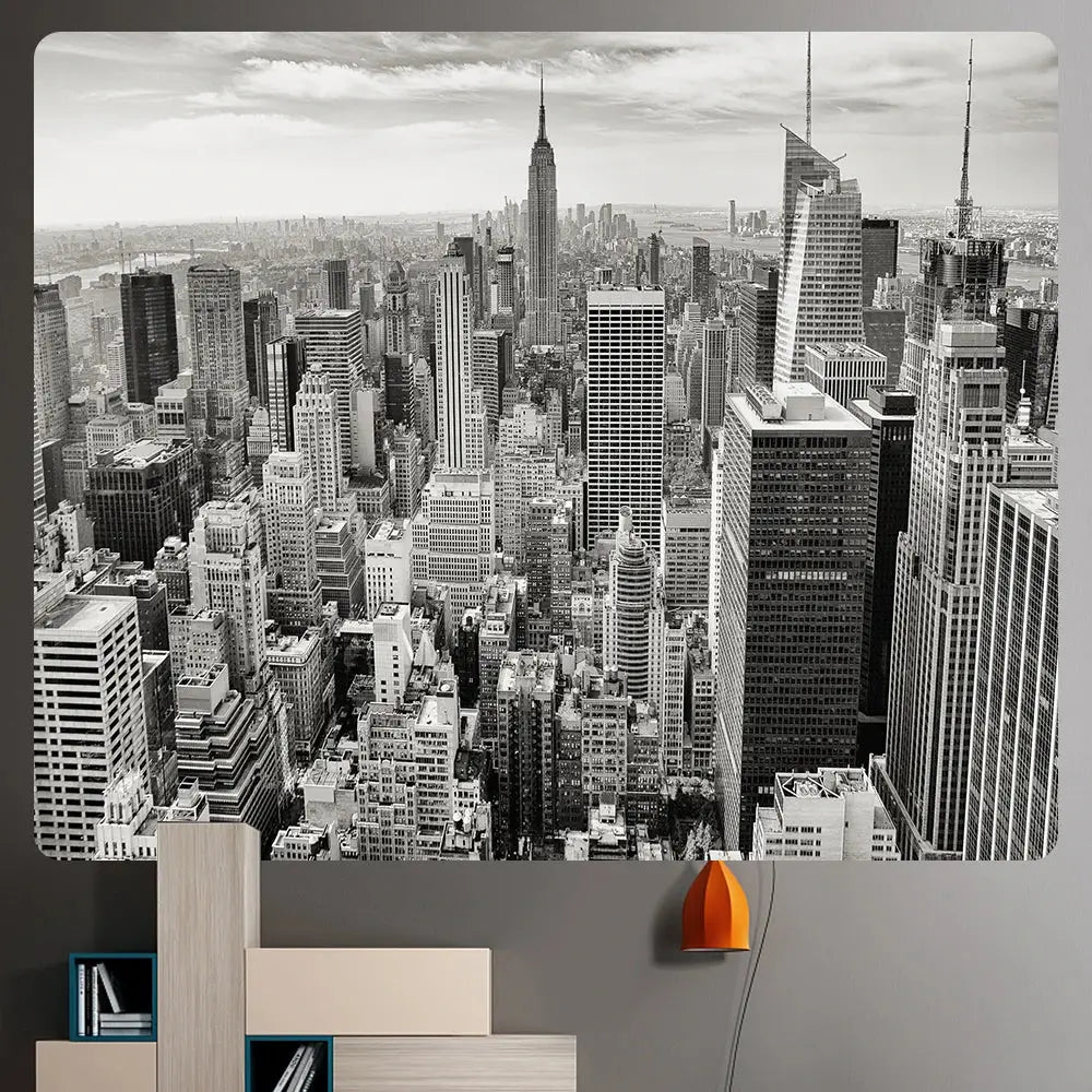 Black and white bohemian art tapestry featuring empire state cityscape and orange lamp accent for living room decorbites bohemian art