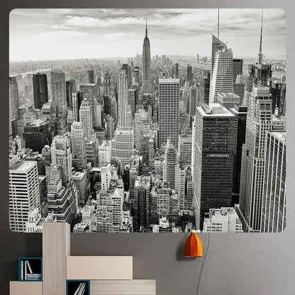 Black and white bohemian art tapestry featuring empire state cityscape and orange lamp accent for living room decorbites bohemian art