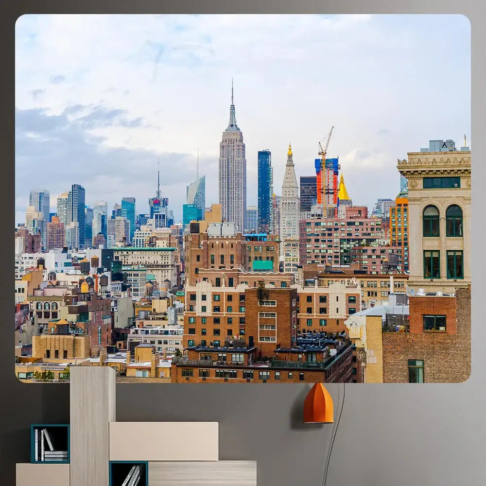 A vibrant orange pendant lamp with modern design complements decorbites bohemian art tapestry empire state cityscape blanket