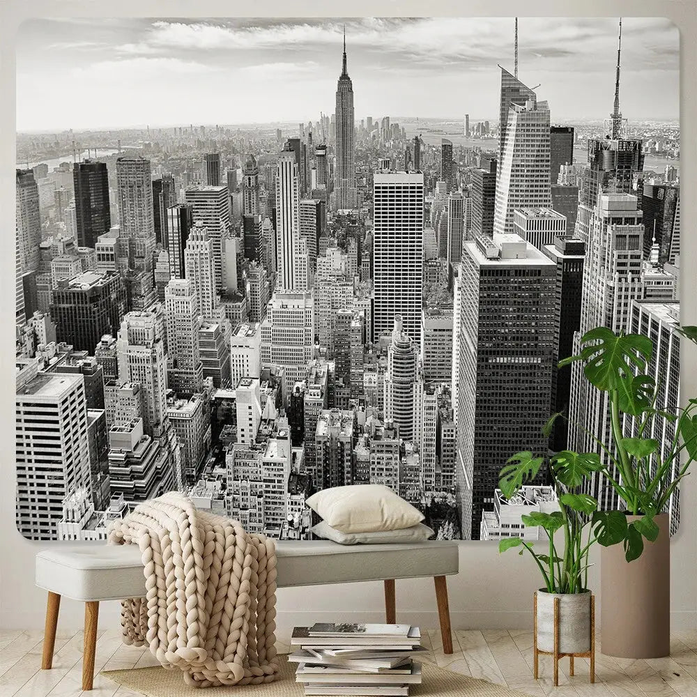 Black and white bohemian art tapestry by decorbites featuring empire state cityscape for living room decor