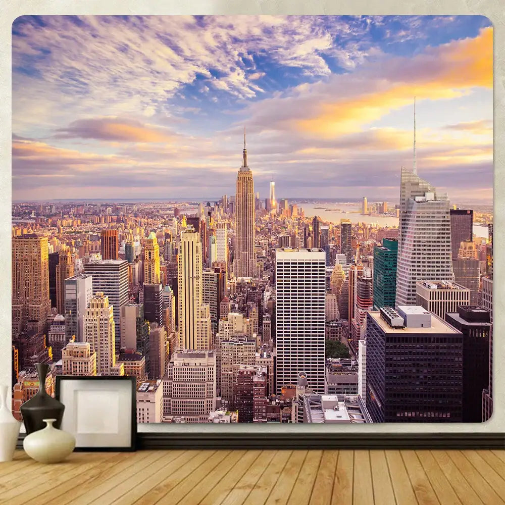 Bohemian art tapestry decorbites featuring empire state building cityscape in warm orange and blue hues for living room decor