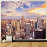 Bohemian art tapestry decorbites featuring empire state building cityscape in warm orange and blue hues for living room decor