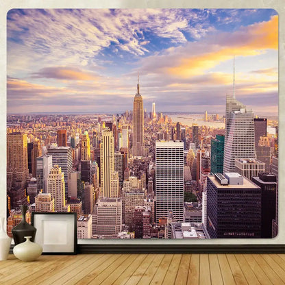 Bohemian art tapestry decorbites featuring empire state building cityscape in warm orange and blue hues for living room decor