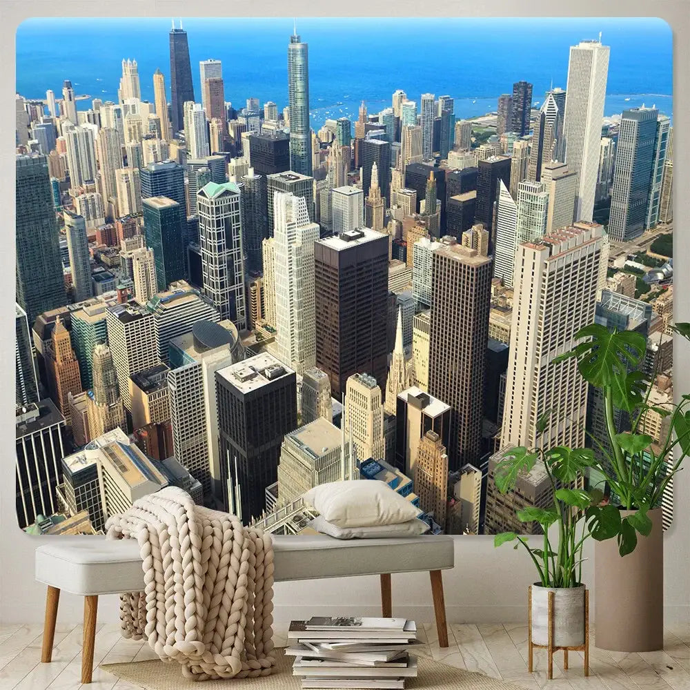 Rectangular decorbites bohemian art tapestry featuring empire state cityscape and blue water above a bench with throw blanket
