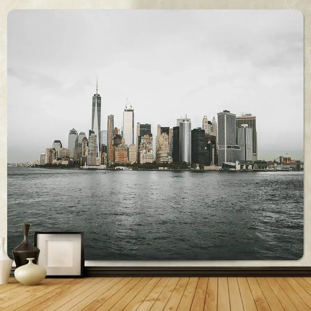 Gray and white new york city skyline bohemian art tapestry featuring freedom tower by decorbites for living room decor