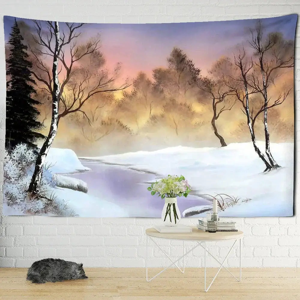 Bohemian autumn forest decorbites forest tapestry with serene winter trees snow riverbank and pastel sky hues for living room