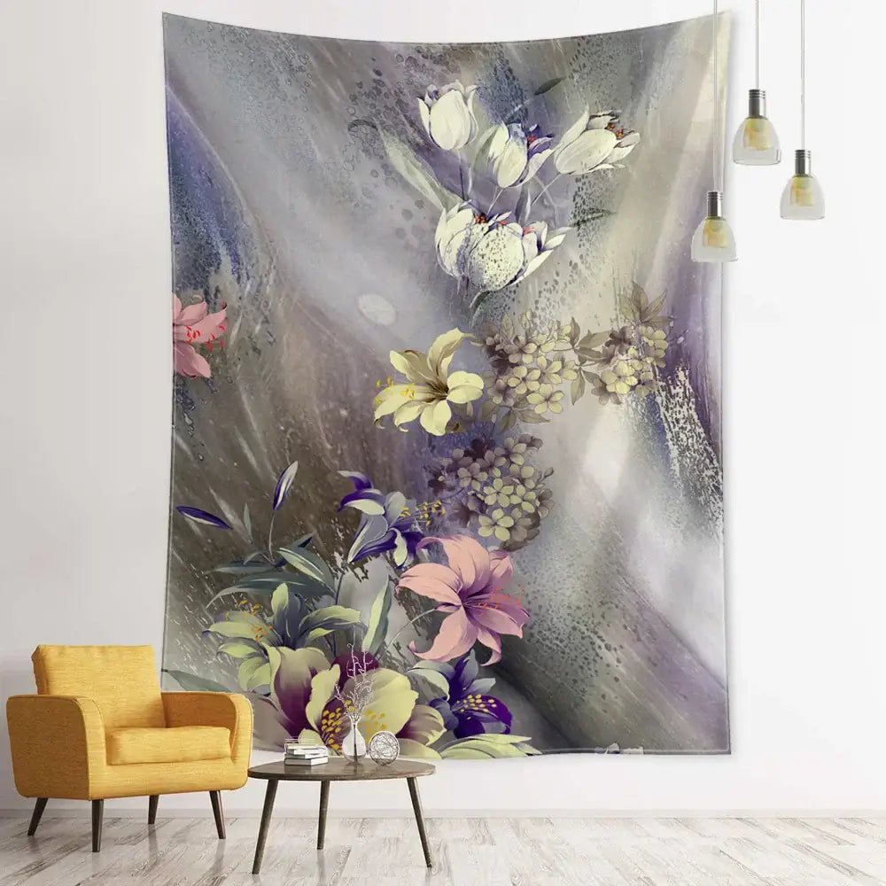 Bohemian autumn forest wall hanging featuring a soft abstract floral design with white pink and yellow blossoms decorbites forest tapestry