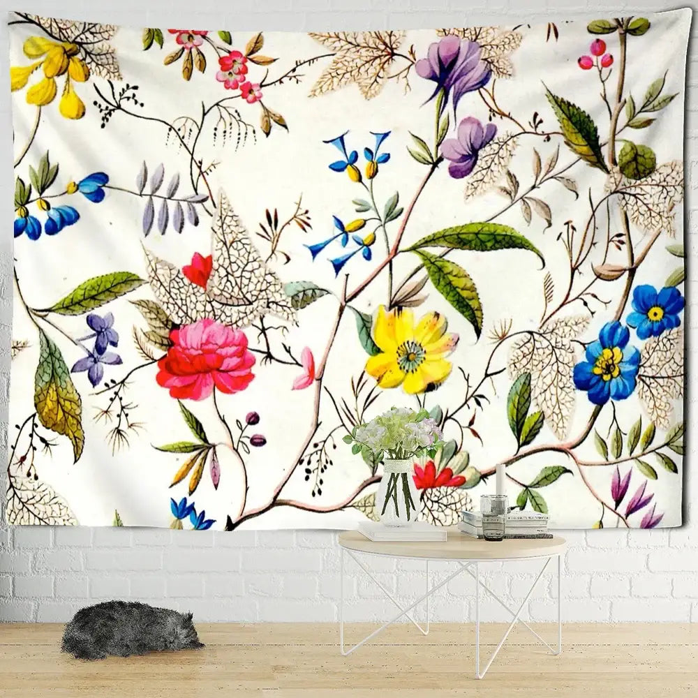 Bohemian autumn forest decorbites forest tapestry with vibrant floral and leaf patterns on cream for living room decor