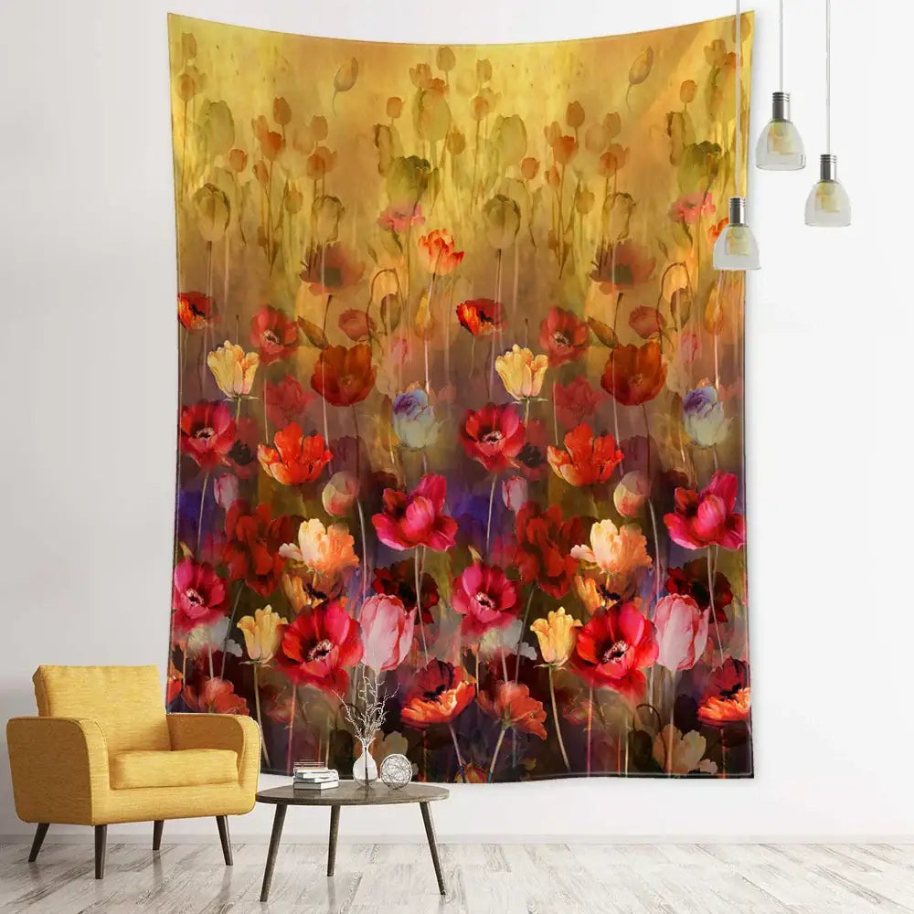 Vibrant decorbites forest tapestry with bold red orange and yellow poppies on a gold to deep purple gradient background