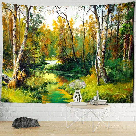 Vibrant bohemian autumn forest wall hanging with birch trees and stream decorbites forest tapestry on white brick wall