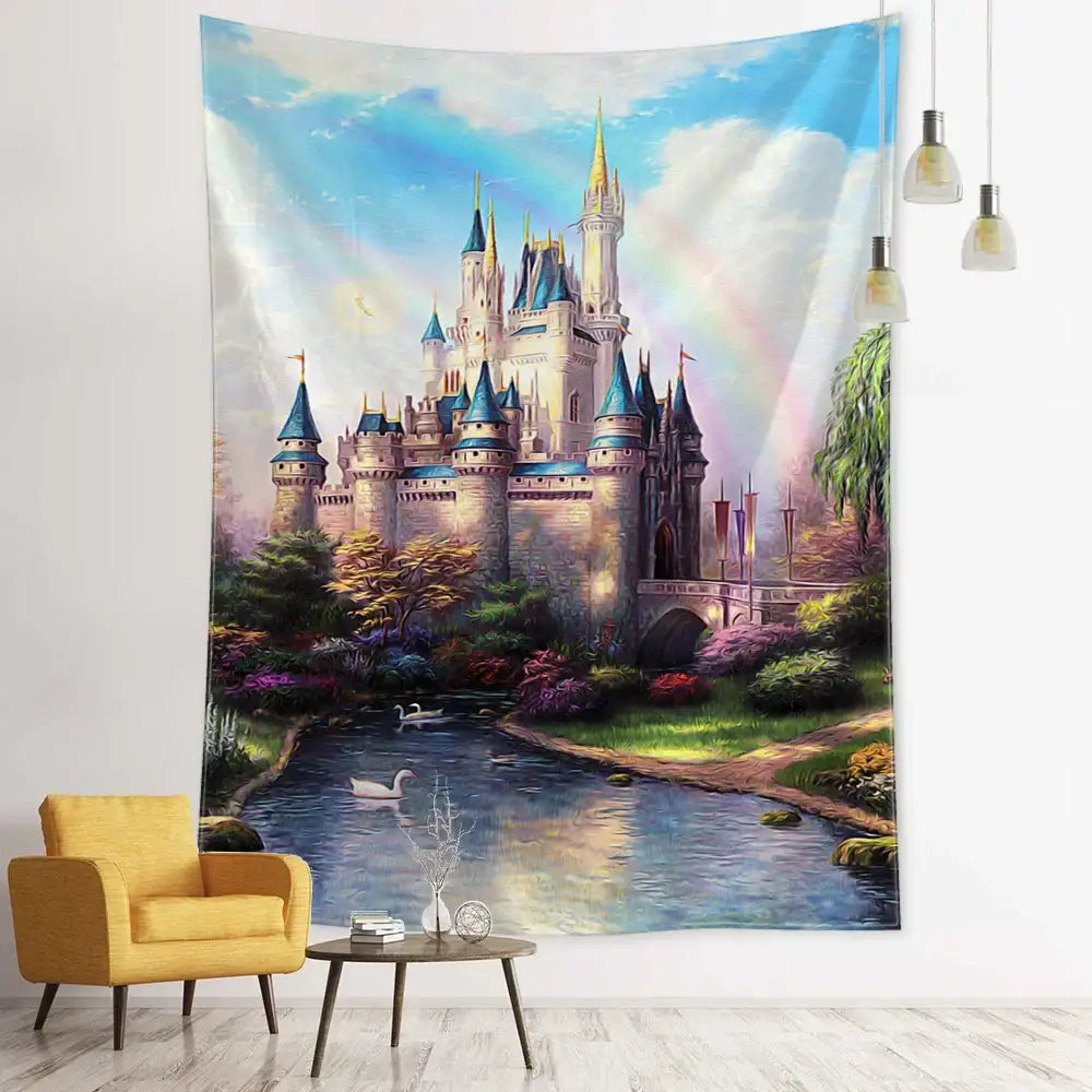 Bohemian autumn decorbites forest tapestry with majestic blue spired castle and rainbow sky wall hanging for living room