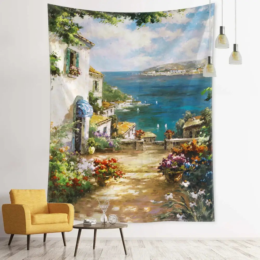 Bohemian autumn forest decorbites forest tapestry with vibrant coastal village, white buildings, and turquoise sea wall hanging