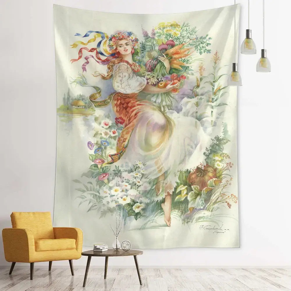 Vintage-style decorbites forest tapestry wall hanging with a woman in ornate dress among vibrant flowers and vegetables