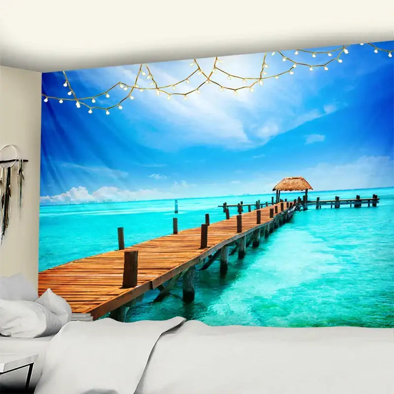Bohemian beach coconut tree mandala tapestry with wooden pier and string lights in turquoise waters for bedroom wall hanging