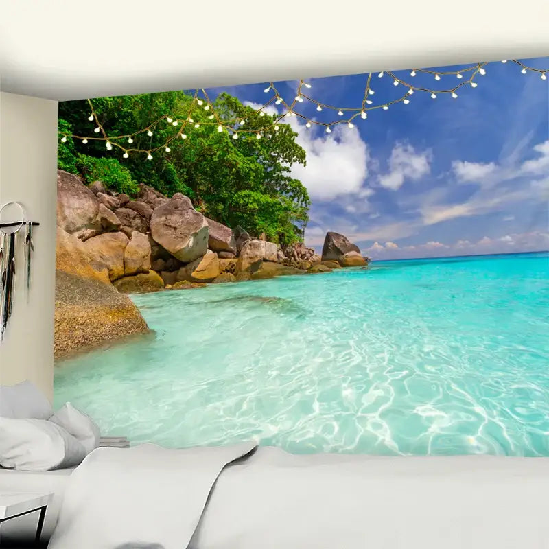 Bohemian beach coconut tree mandala tapestry featuring turquoise water rocky shoreline and string lights for bedroom wall hanging
