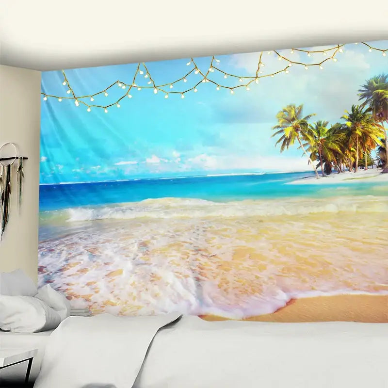 Bohemian beach coconut tree mandala tapestry with vibrant turquoise ocean golden sand and palm trees for bedroom wall hanging
